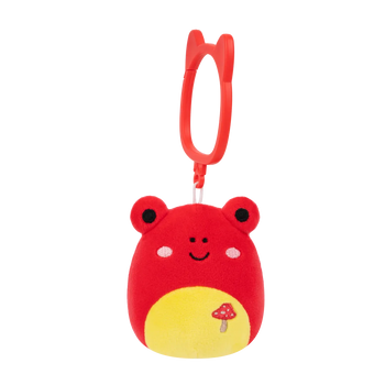 Breloc Squishmallows — Obu, broscuța tropicală roșie cu broderie cu ciuperci, 9 cm.