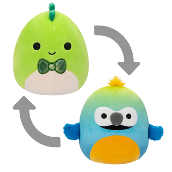 Squishmallows 2 in 1 Danny, Dinozaurul Verde/Baptise, Papagalul Macaw Albastru și Galben, 13 cm
