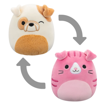 Squishmallows 2 in 1 Geraldine, Pisica Scottish Fold/Brock, Bulldog-ul, 13 cm