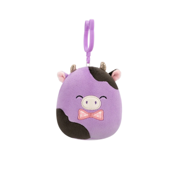 Squishmallows Clip-On Alexie, Vaca Mov-Negru cu Papion, 9 cm