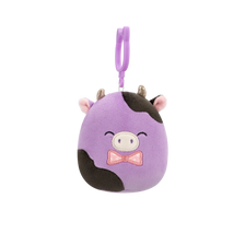 Squishmallows Clip-On Alexie, Vaca Mov-Negru cu Papion, 9 cm