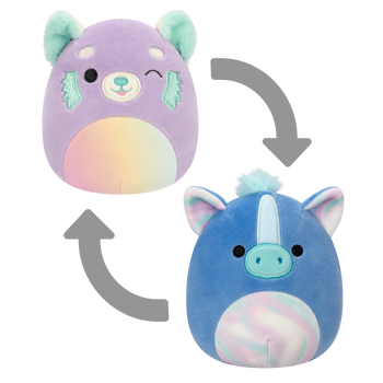 Squishmallows 2 in 1 Lexis, Panda Roșu Mov/Romano cel Albastru, 13 cm