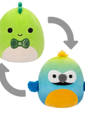 Squishmallows 2 in 1 Danny, Dinozaurul Verde/Baptise, Papagalul Macaw Albastru și Galben, 13 cm