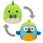 Squishmallows 2 in 1 Danny, Dinozaurul Verde/Baptise, Papagalul Macaw Albastru și Galben, 13 cm